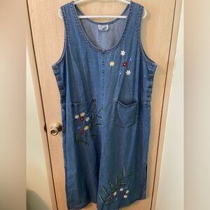 Carolina Blues Plus Denim Jumper Blue Maxi Floral Embroidered Dress 22 / 24